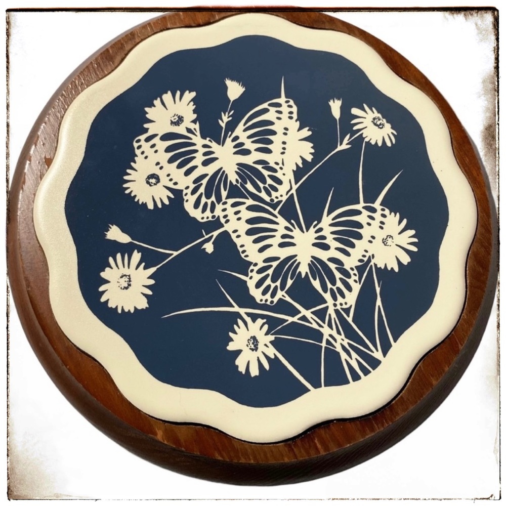 Trivet 7.25” Round Butterflies Wood Tile Vintage